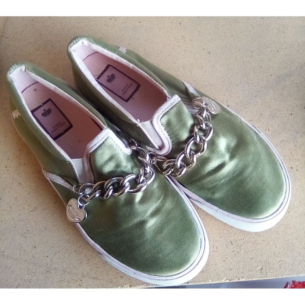 Juicy Couture Olive Green Satin Slip On Sneakers Chain Heart Charm Womens Flat